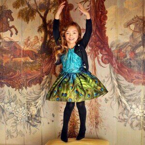 Jottum Girls Green & Blue Peacock Print Cotton Party Dress